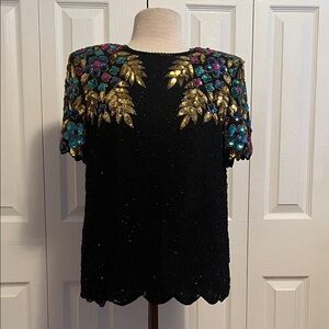 Vintage Beaded Silk Evening Top, Floral and Leaf-Style Embellishments by Stenay